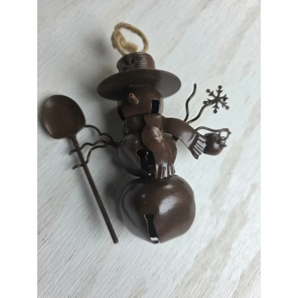 Rustic Brown Metal Snowman Jingle Bell Ornament Primitive Cottagecore Holiday